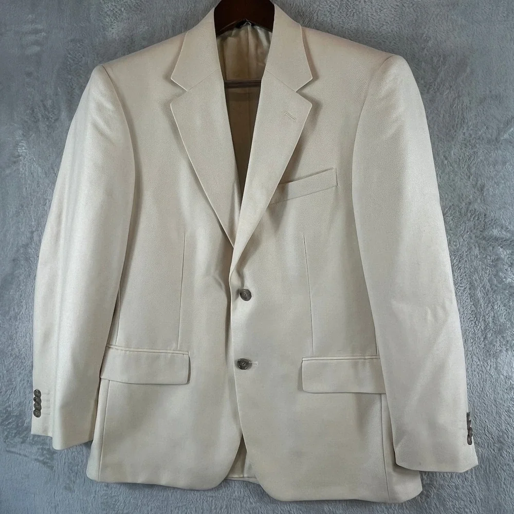 Vintage Lord & Taylor Grant Thomas Mens Ivory Silk Wool Blazer Sport Coat 38S